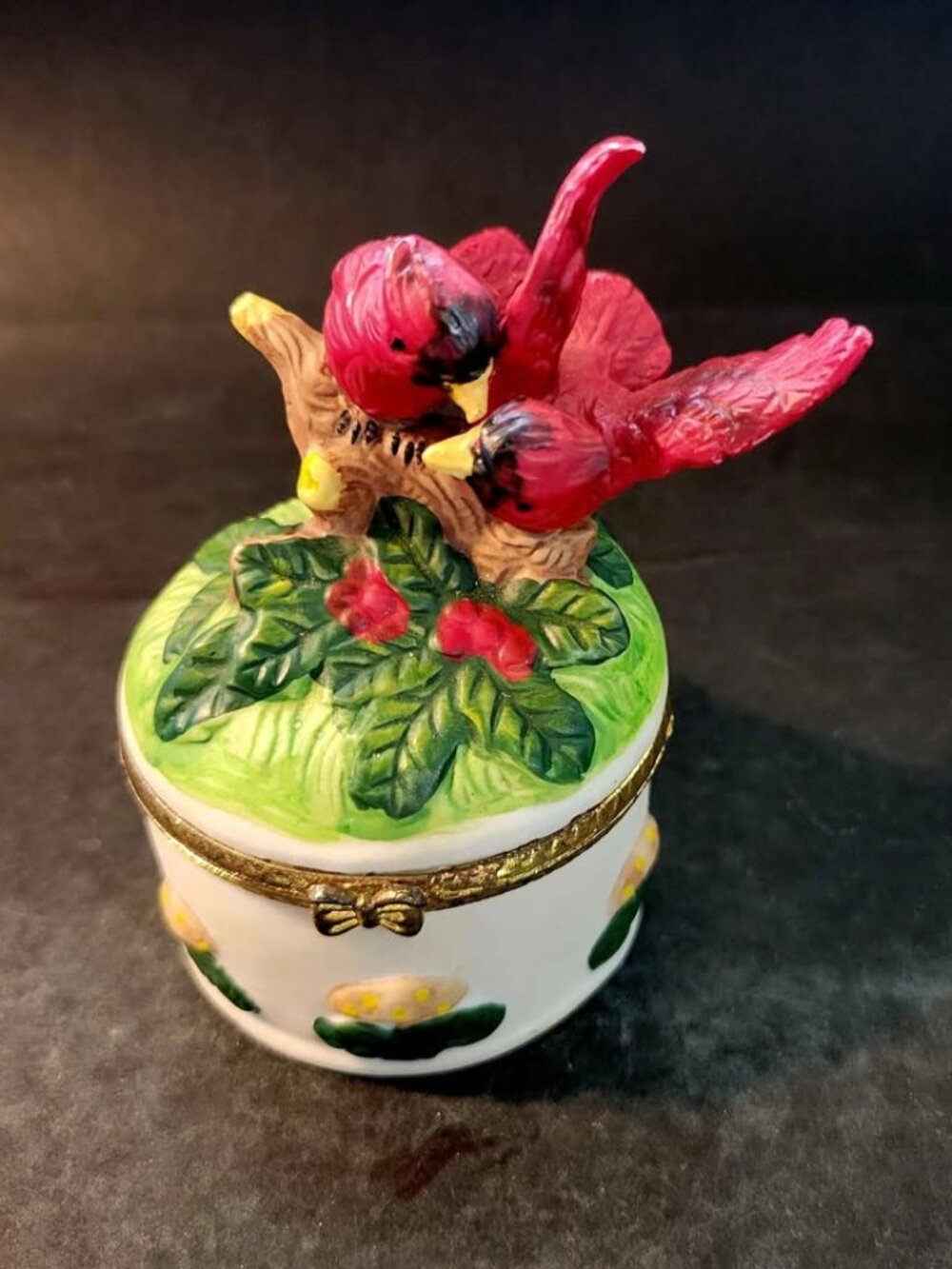 Hinged Bisque Porcelain Vintage Trinket Box With Two Red Cardinals